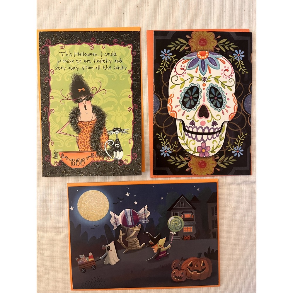 Halloween Greeting Card Set of 3 Glitter Sugar Skull Humor Trick or Treat Mice